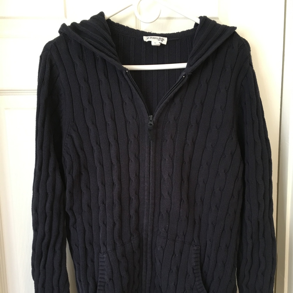 Navy blue cable knit hooded sweater